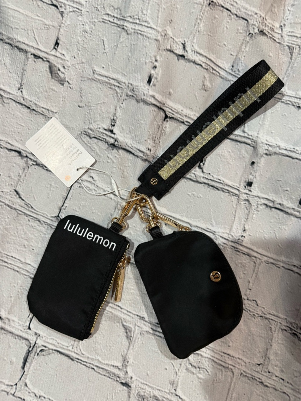 Lululemon Black Keychain Dual Pouch Wristlet Set with Gold Hardware